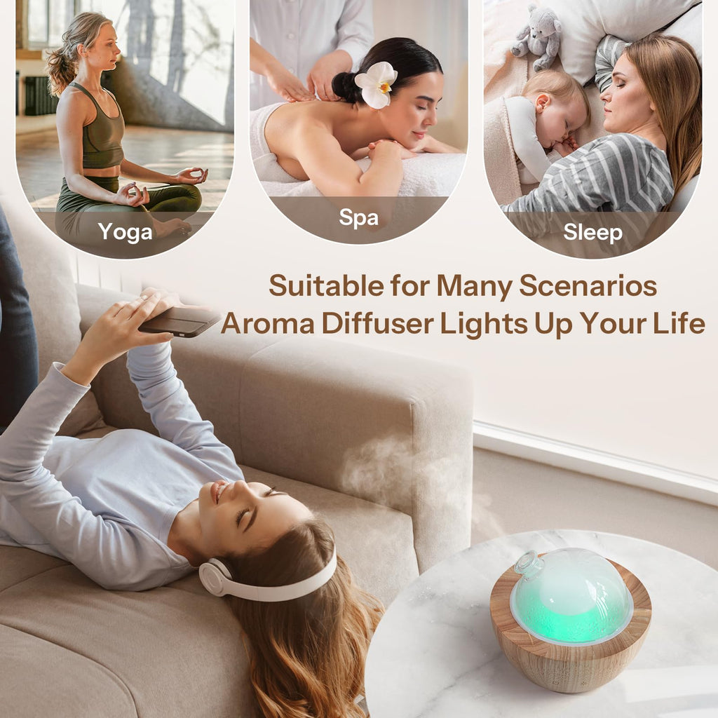 280ml Glass Essential Oil Diffuser with Natural Wood Base, The 2025 Upgrade Aromatherapy Diffusers, Cool Mist Air