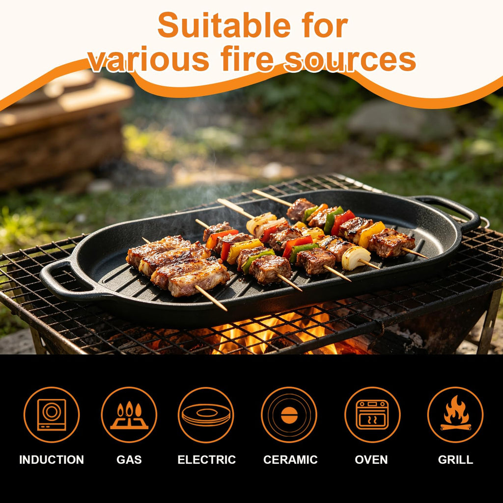 Cast Iron Sizzling Plate with Wooden Base Set of 2, Pre-seasoned Fajita Skillet for Steak and Seafood, Professional
