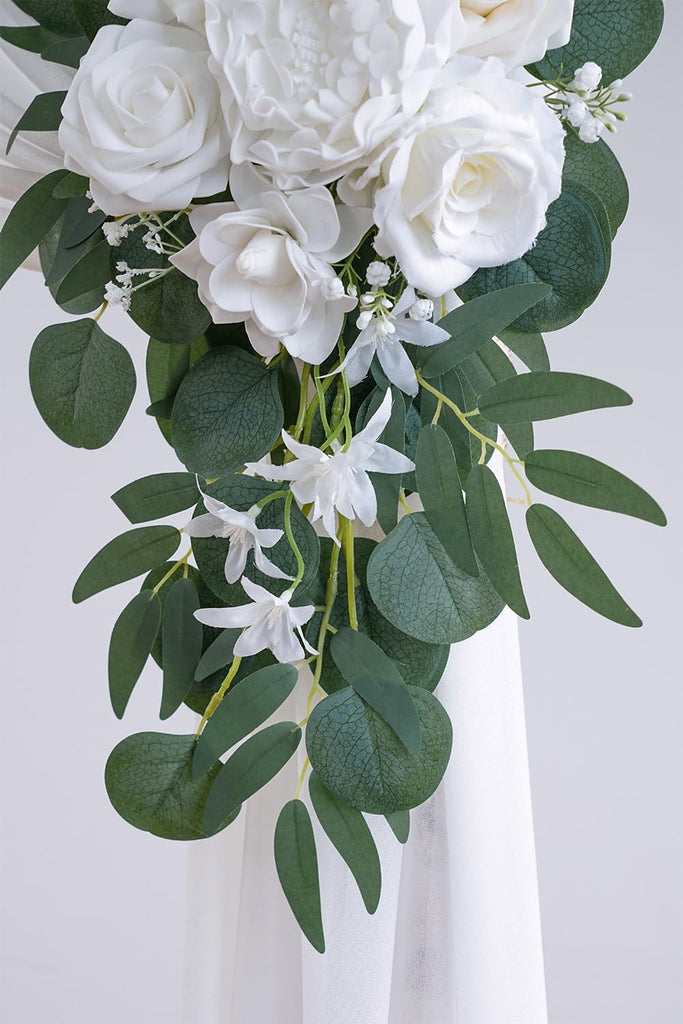 White Artificial Wedding Arch Flowers Kit (Pack of 3) with 26Ft White Shiny Arch Draping Fabric for DIY Wedding Party