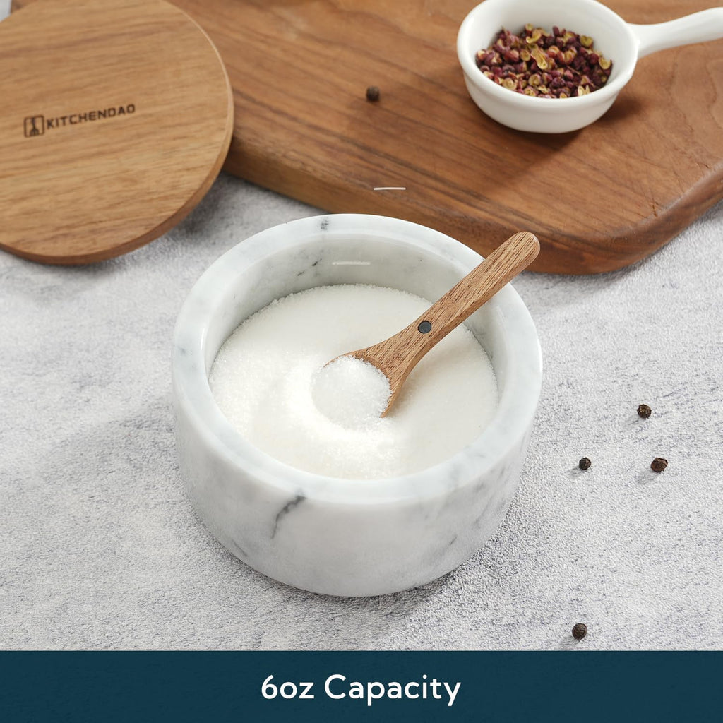 Marble Salt Cellar Box Bowl with Magnetic Built-in Spoon, Marble Salt Container with Acacia Wood Lid & Spoon, Elegant