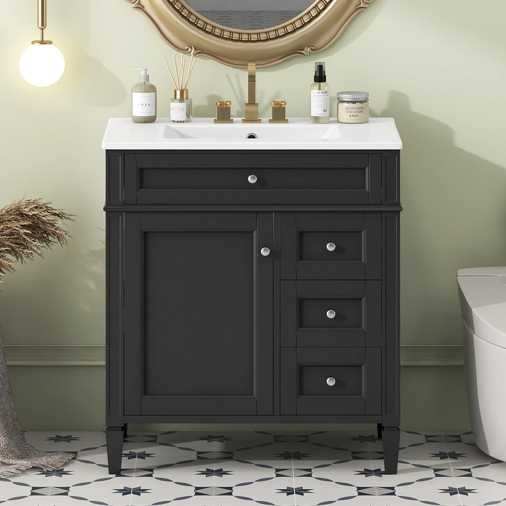 24-Inch Bathroom Vanity with Sink, Modern Single Sink Storage Cabinet with 2 Doors and Tip-Out Drawer, Solid Wood Frame