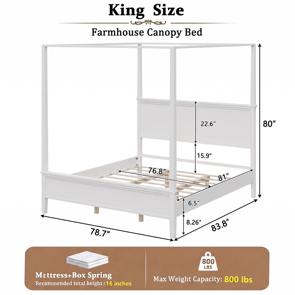 Rustic Farmhouse 4-Poster Canopy Platform Bed with Headboard