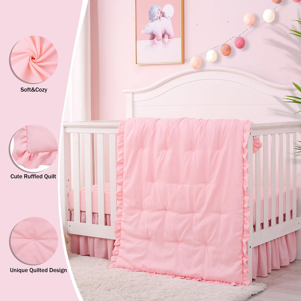 3 Pieces Crib Bedding Set for Girls,Pink Solid Ruffle