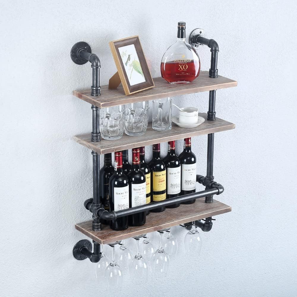 Floating Bar Shelves,Wine Rack Wall Mounted,Wine Glass Holder Wood Shelf | Industrial Pipe,Solid Pine Wood,Easy to