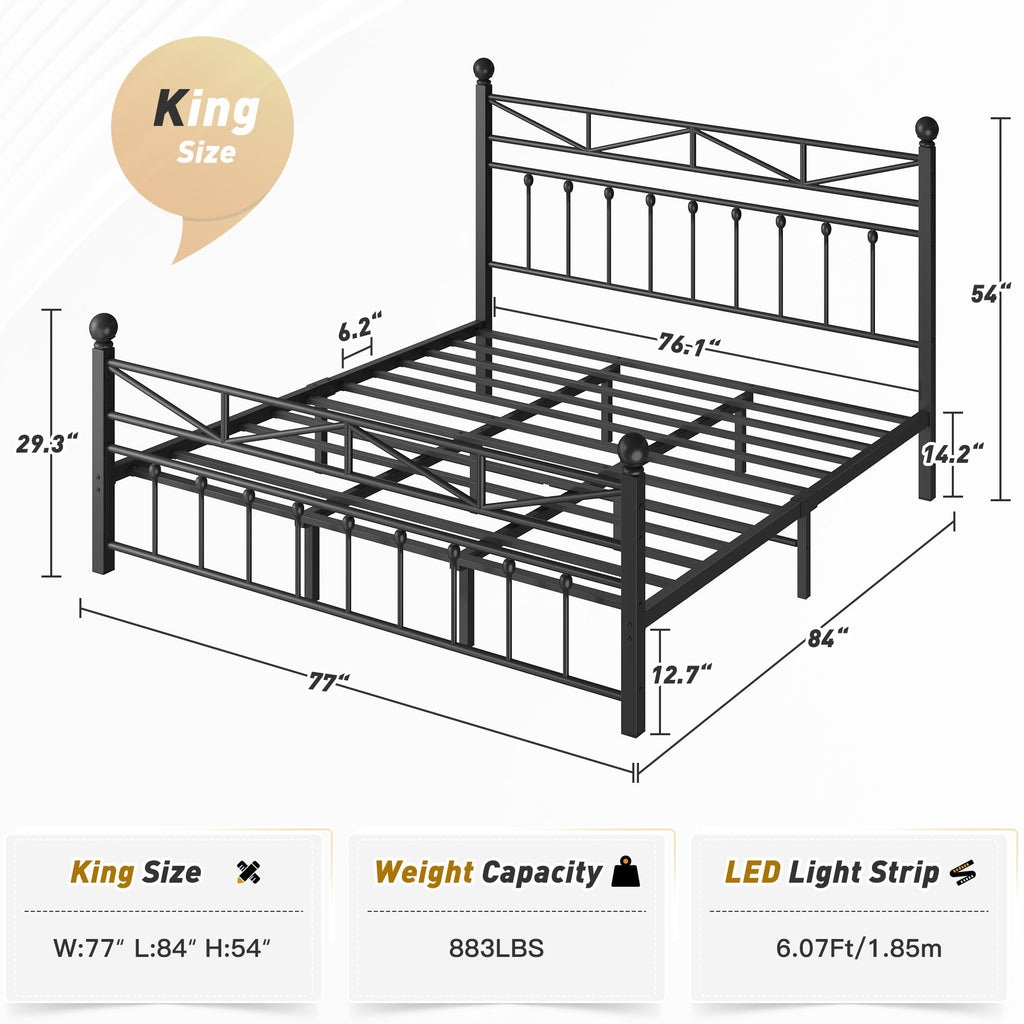Victorian Metal King Size Bed Frame, Black, 54-Inch Tall Headboard