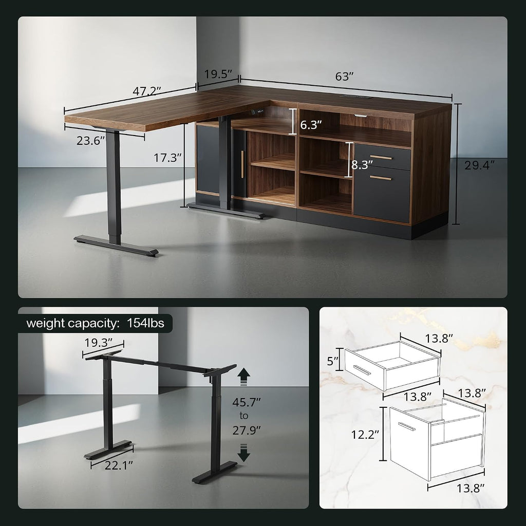 67" L Shaped Standing Desk with File Cabinet, Adjustable Height | One-Piece Electric Executive 1.18" Desk, Built-in