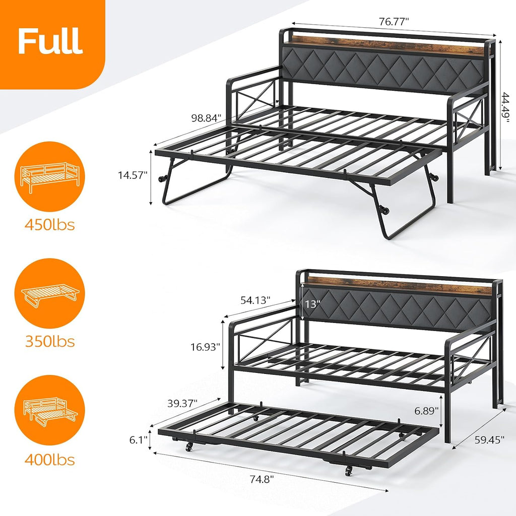 Full Daybed with Trundle Bed, Upholstered Day Bed with LED Light & Charing Station, Sofa Bed Frame with Storage