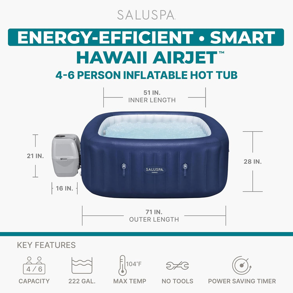 SaluSpa Hawaii 4 to 6 Person Inflatable Hot Tub, Square Energy-Efficient Portable Outdoor Spa with 140 AirJets, 71" x