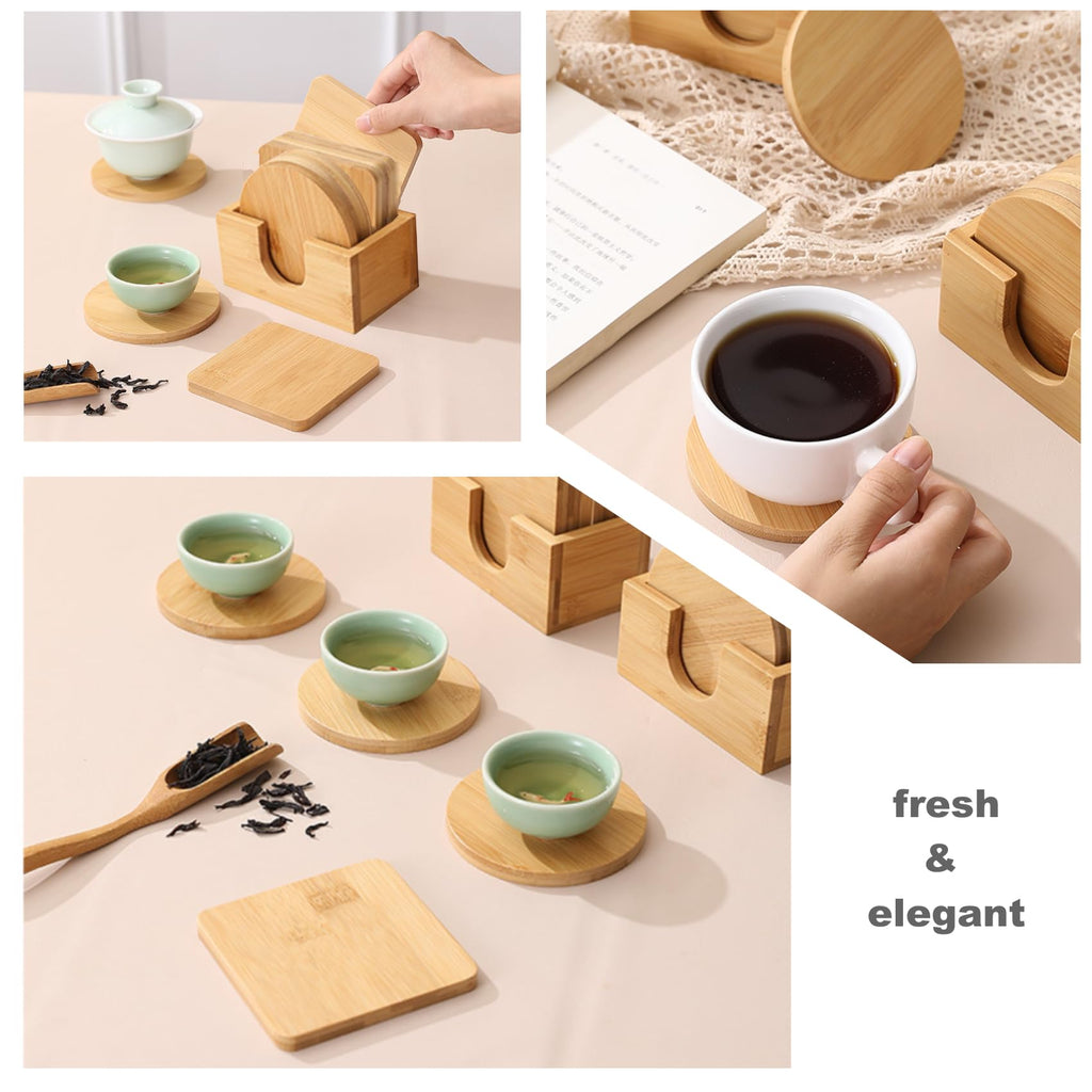 Bamboo Coasters Set of 6 with Holder, Table Protection Coasters