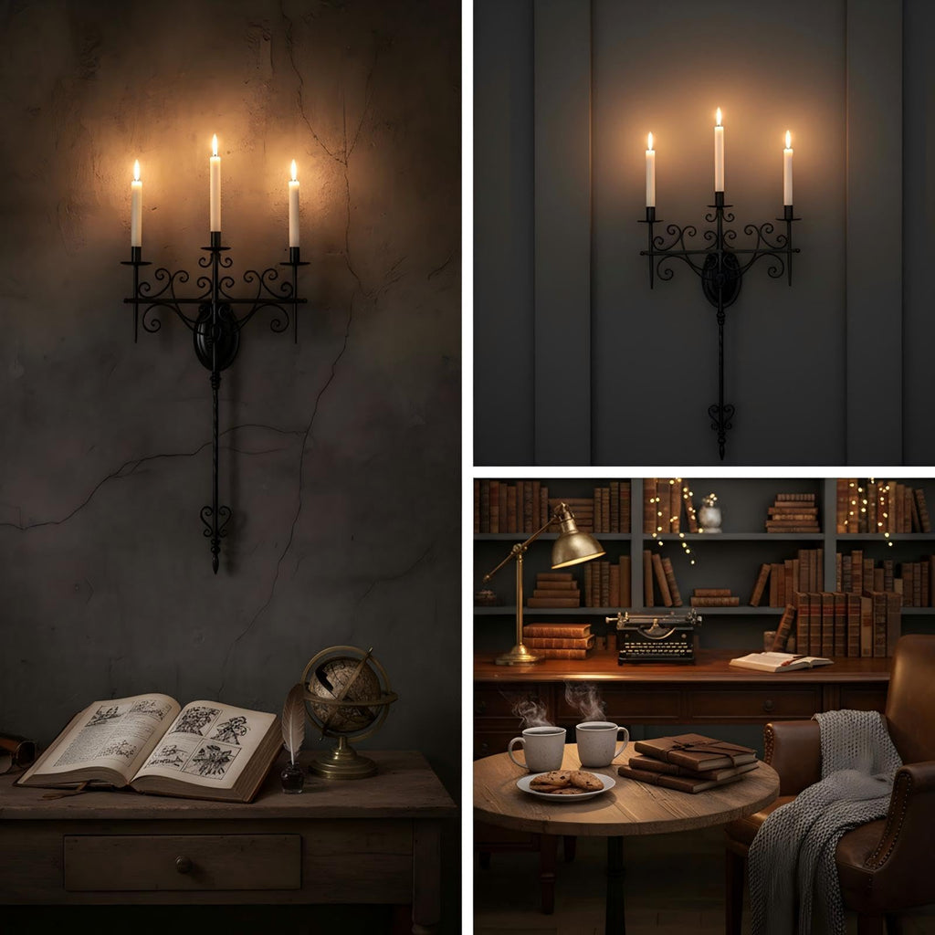 Vintage 3-Light Wall Candle Sconce Holder - Large Wrought Iron Wall Mounted Candle Sconces Living Room, Hallway