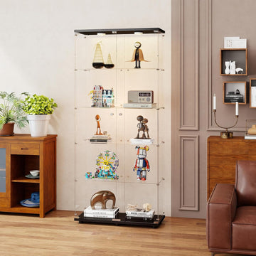 Glass Display Cabinet 5-Tier with LED Lights, Double Door, Black | Curio Cabinet with Glass Doors and Lock, Glass