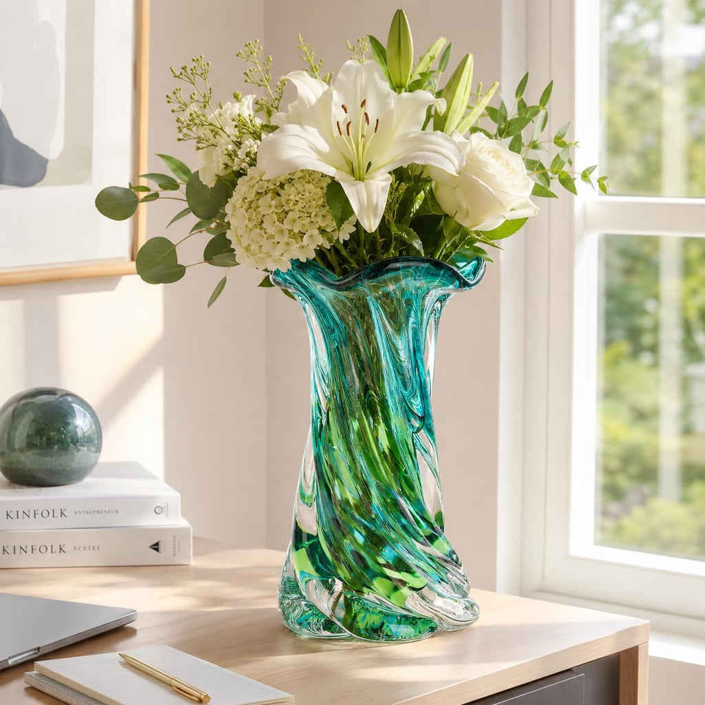 Hand Blown Glass Vase, Teal Green Emerald Gradient Wide Mouth Art Glass Vase, Unique Decorative Vase Coffee Table