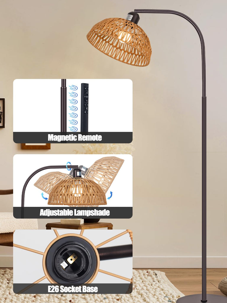 Boho Floor Lamp with Remote and Dimmable Bulb