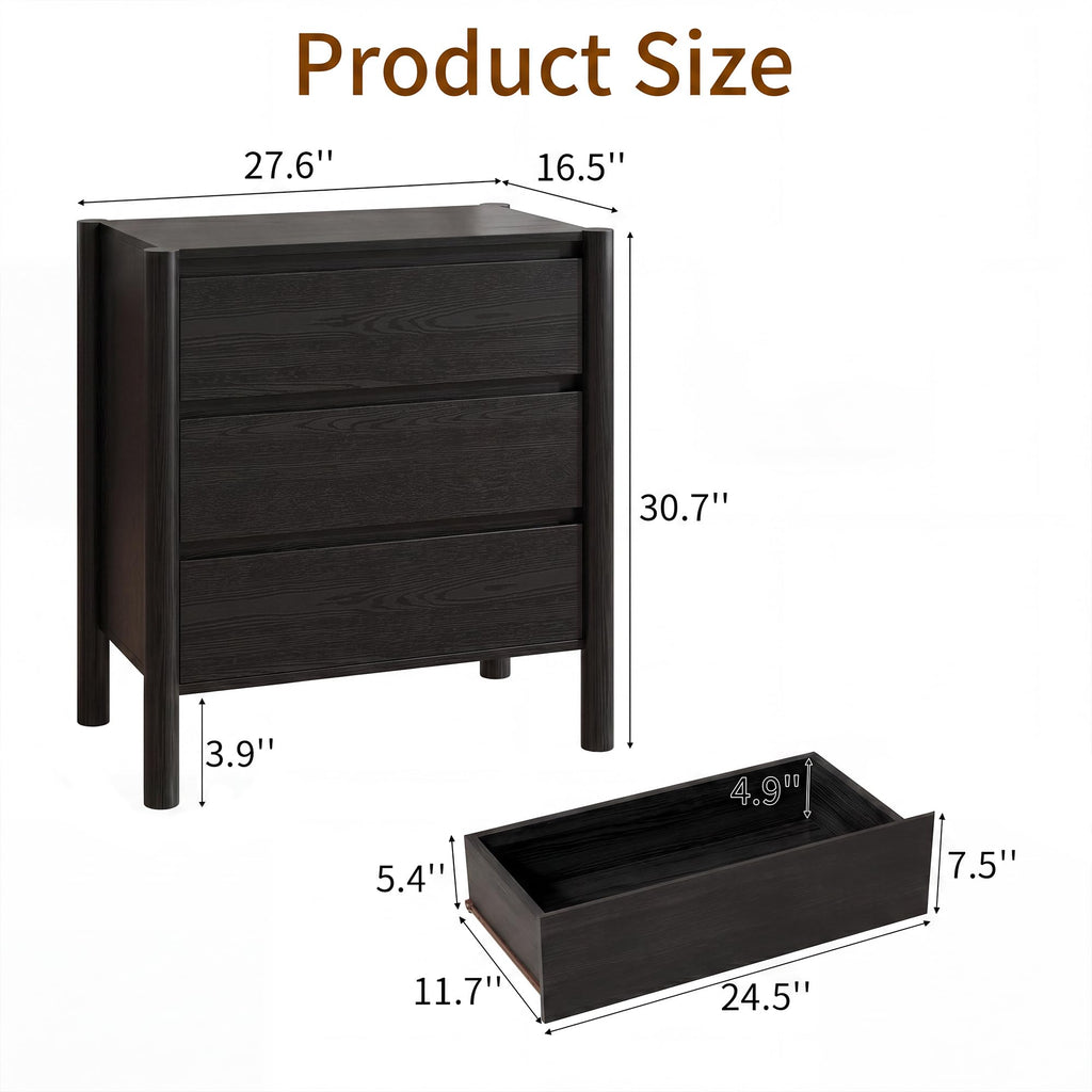 27.6" Wide Black 3 Drawer Dresser with Solid Wood Legs