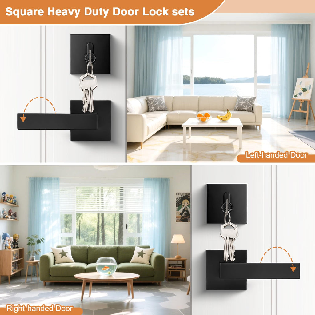 Flat Black Passage Door Lever with Single Cylinder Deadbolts Combo Pack, Modern Square Lock Set Handleset,Exterior