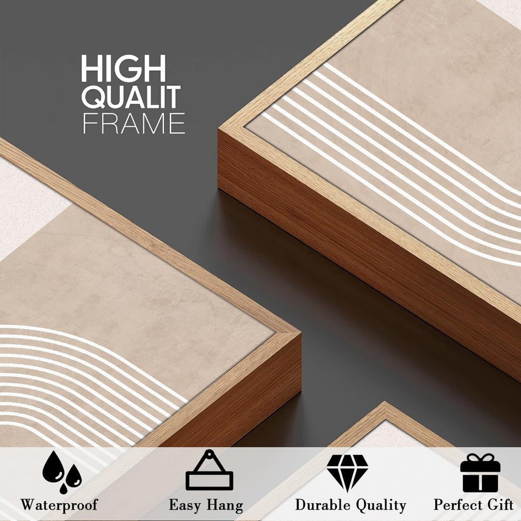 Neutral Boho Abstract Canvas Wall Art Set of 3 Framed Mid Century Modern Wall Decor Beige Geometric Line Artwork