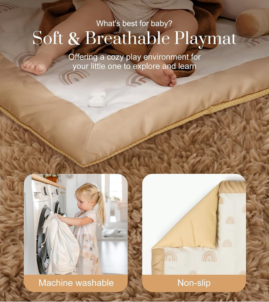 Washable Tummy Time Mat, Baby Play Gym with 6 Featured Toys and 12 Milestone Cards, Baby Gym for Infant & Toddler