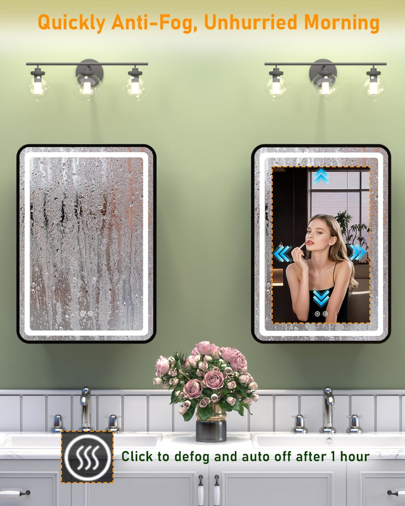LED Bathroom Medicine Cabinet Mirror, Anti-Fog, Right Hinge, 16x24 Inch | Wall Mounted & Recessed, Dimmable 3 Color