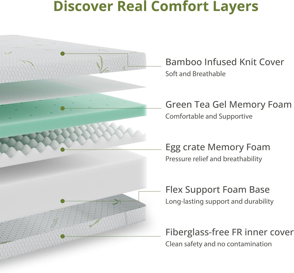 10 Inch Memory Foam Mattress Medium Plush, Queen Mattress, Green | Cooling Green Tea Gel Memory Foam for Pressure