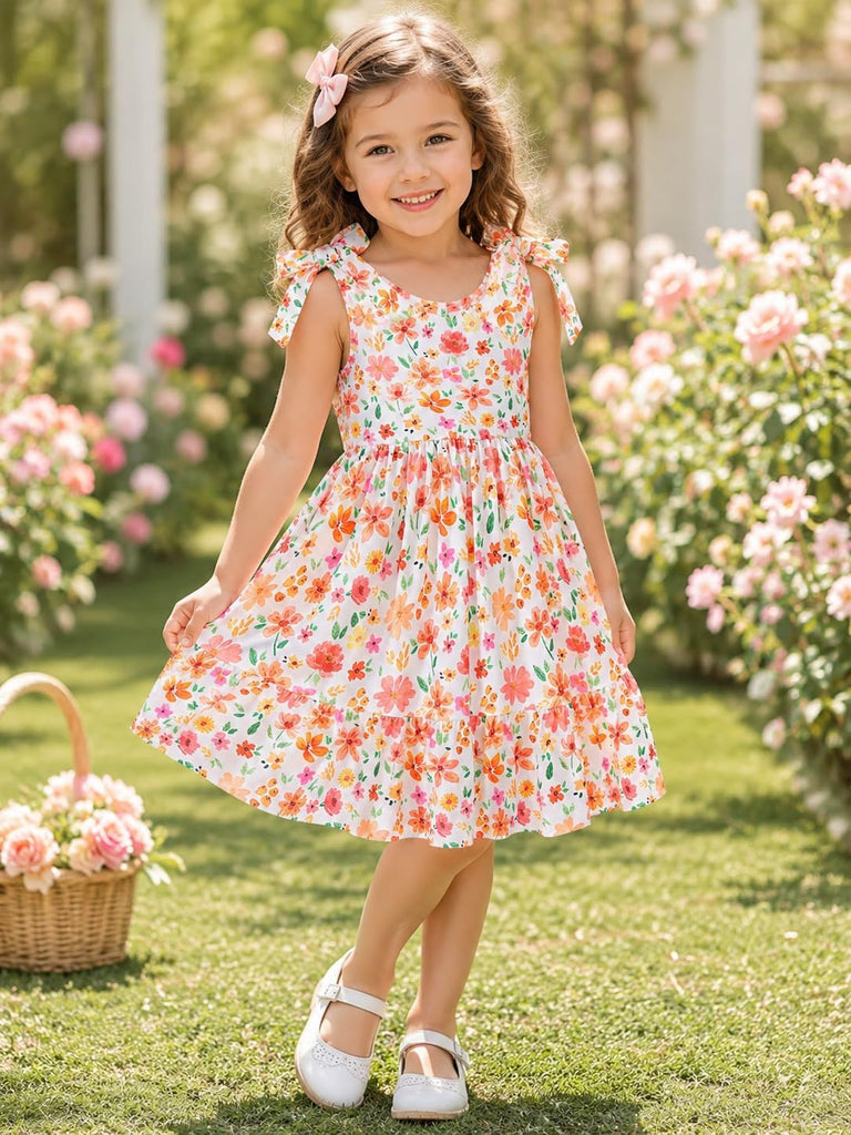 Toddler Girls Summer Dress Bow-Tie Straps V Neck Party Dresses Cute Floral Printed Sleeveless Beach Sundress