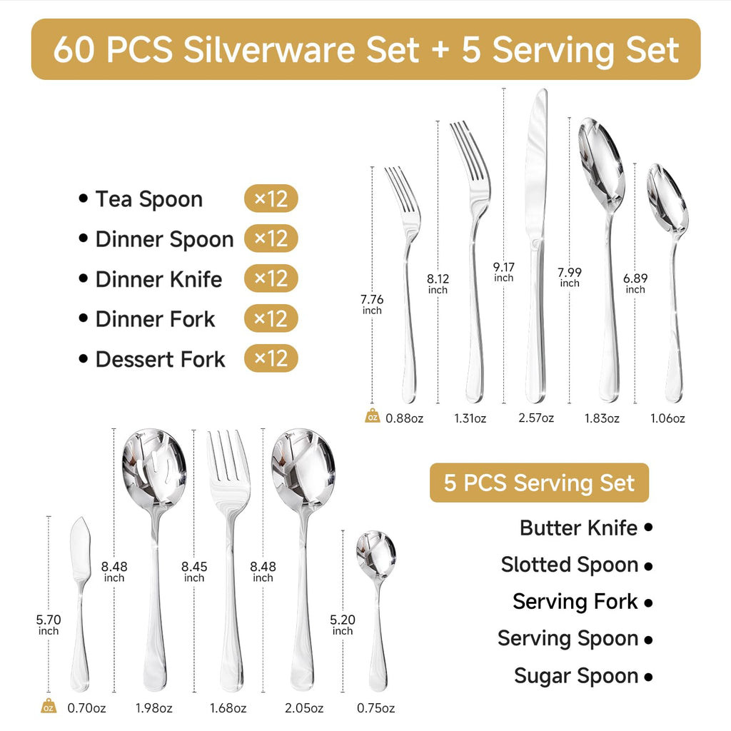 Silverware Set for 12, Premium 18/10 Stainless Steel 65 Piece Flatware, Quality Heavy Duty Cutlery Utensils, Mirror