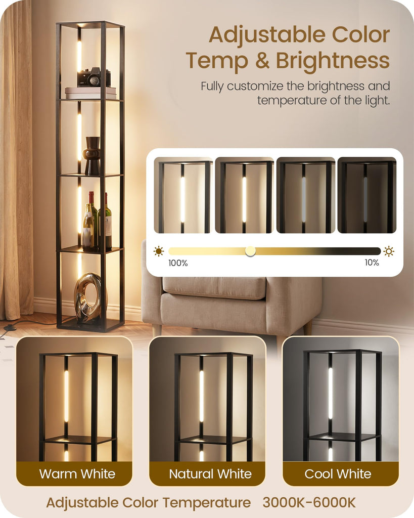 64.2" Display Shelf with Light, Modern Corner Floor Lamp with Shelves, LED Dimmable Standing Lamp with