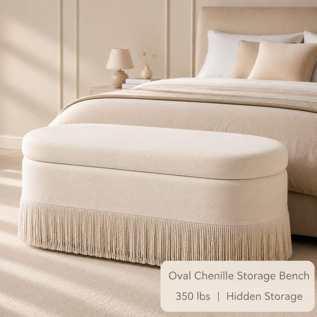End of Bed Storage Bench, Oval Chenille Fringe Ottoman | 39"L × 16"D × 16"H, 350 lbs Capacity, Twist-On Metal Legs
