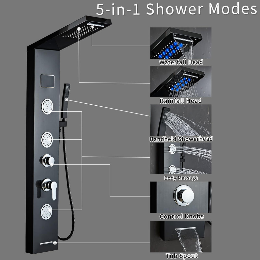 Shower Panel Tower System,Rain Shower Head Rainfall black-LED