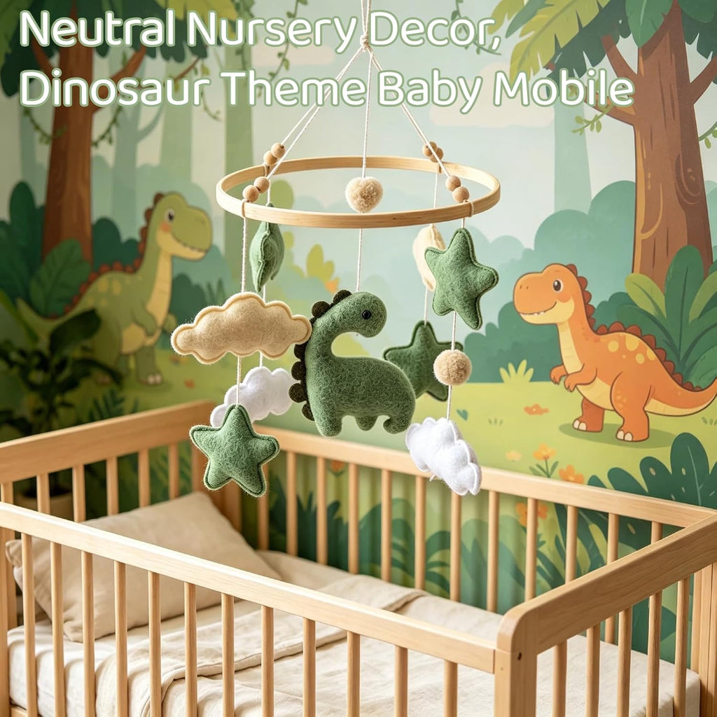 Soft Green Dinosaur Theme Baby Mobile for Crib, Simple Crib Bell for Boys and Girls, Felt Clouds Nursery Ceiling