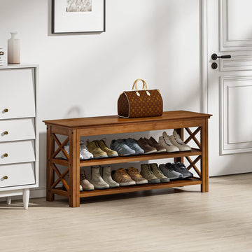 Shoe Rack Bench with Storage 3 Tier Bamboo Shoe Bench Entryway Rustic Solid Wood Entryway Bench (X-Brown, 39.4")