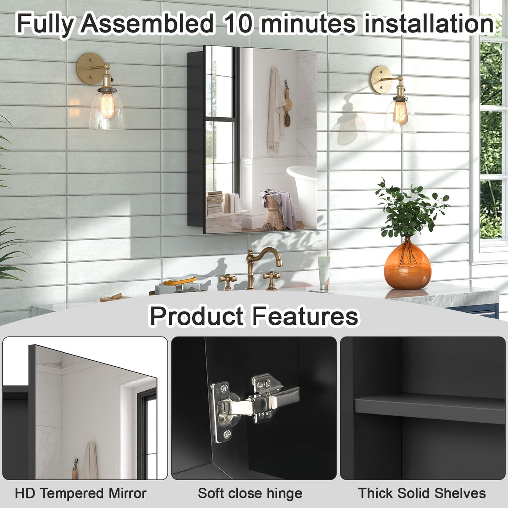 14 x 18 Black Medicine Cabinet, Aluminum Mirror Medicine Cabinet, Pre-Assembled Recessed/Surface-Mounted Medicine