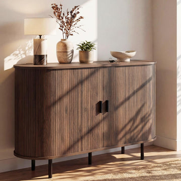 47'' Fluted Sideboard Buffet Cabinet with Tambour Sliding Doors, Coffee Bar Console Table w/Metal Legs, Mid Century