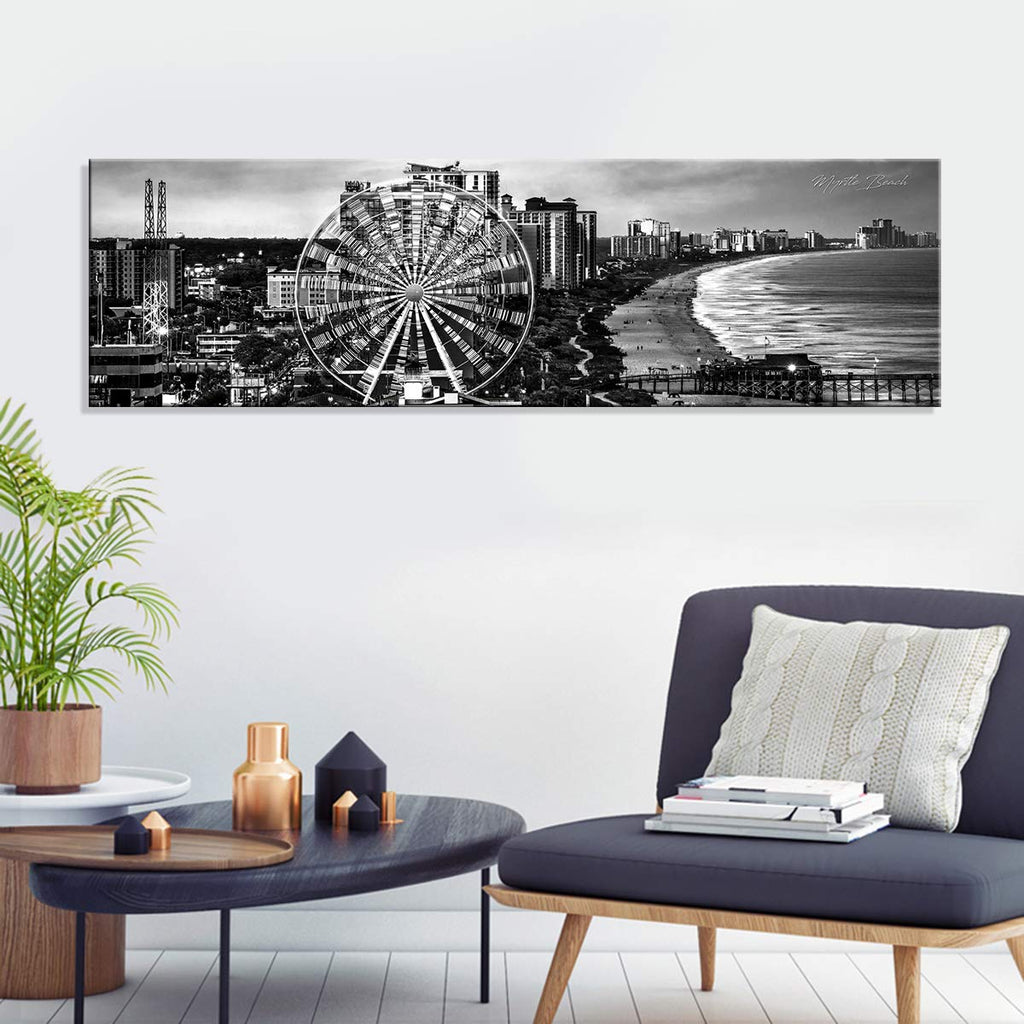 Myrtle Beach Wall Art Ferris Wheel Skyline Wall Decor Black and White Cityscape Panoramic Canvas Paintings USA South