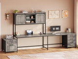 Farmhouse L Shaped Office Desk with 6 Drawer, Reversible Computer Desk with Power Outlet, Hutch/Two Person