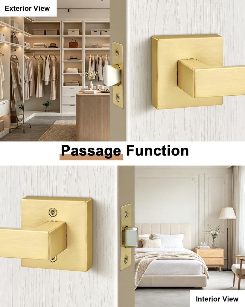 Interior Non-Locking Passage Door Handles 8 Pack, Gold Square Zinc Alloy Door Levers for Closet Hallway