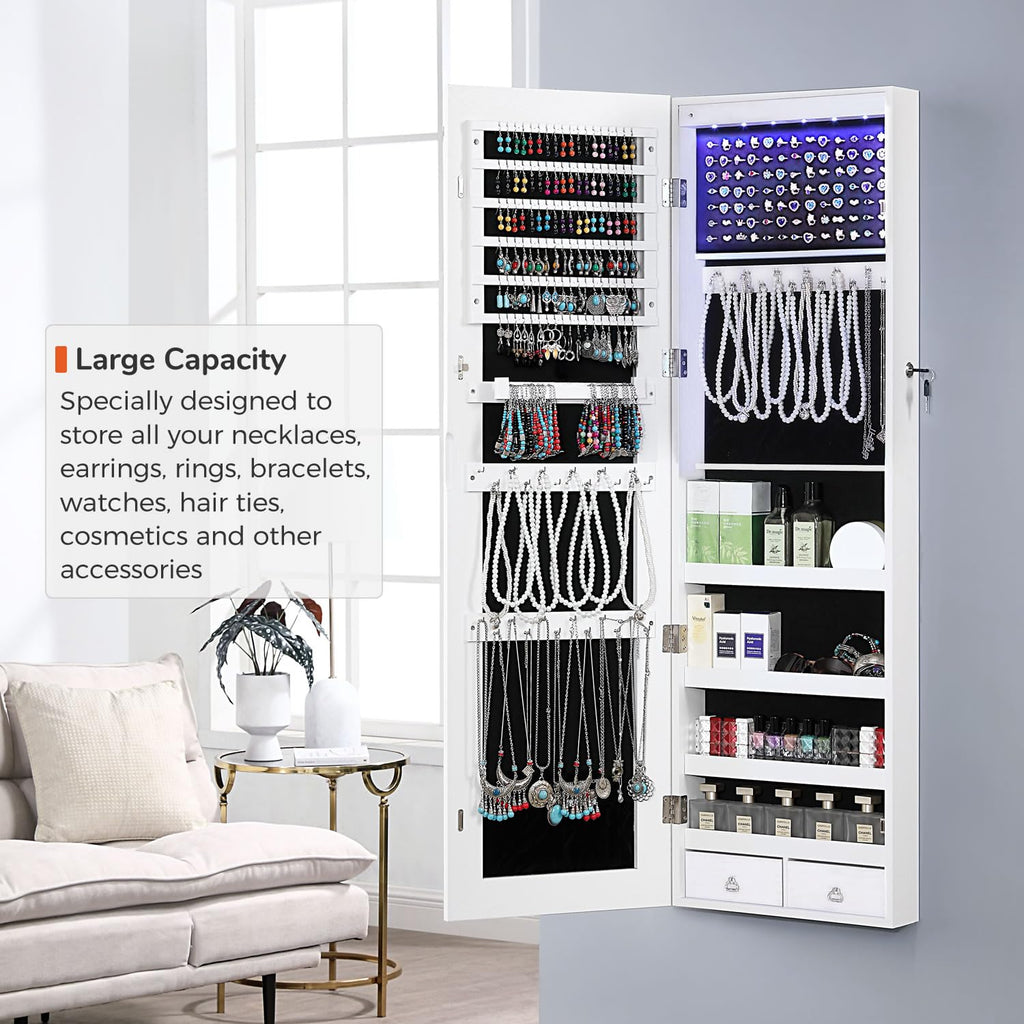 Full Length Mirror Jewelry Cabinet, 6 LEDs Jewelry Armoire Wall Mounted Over The Door Hanging, Jewelry Organizer