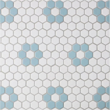 White Sky Blue Flower Hexagon Porcelain Mosaic Floor and Wall Tile Backsplash, Pool Tile, Bathroom Floor, Accent Wall
