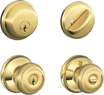 Single Cylinder Deadbolt and F51 Keyed Entry Georgian Knob Keyed Alike, Bright Brass Finish