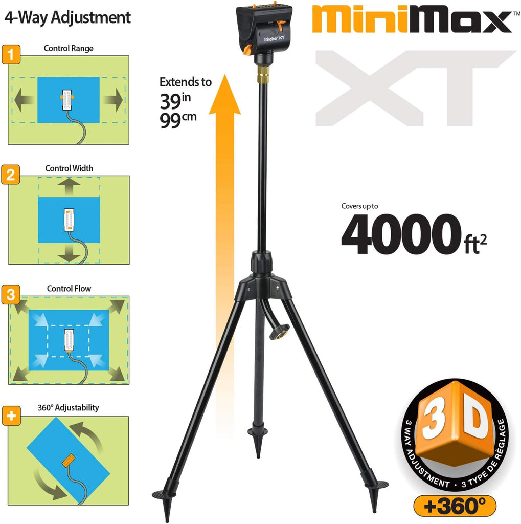65178AMZ MiniMax Turbo Oscillating Sprinkler on Tripod, 4000 sq. ft., 4-Way Adjustable, Quick Connect Bundle, Black