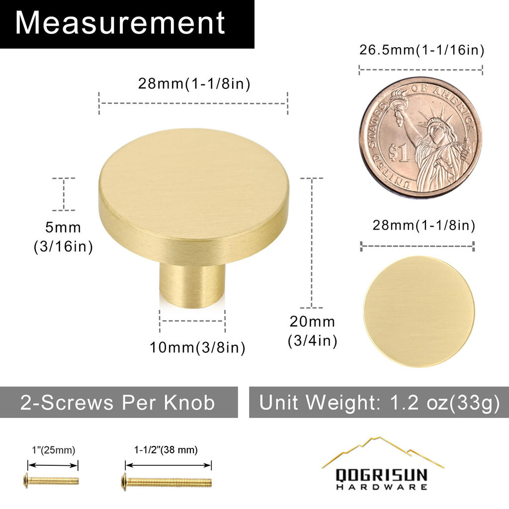 10 Pack Solid Brushed Brass Cabinet Knobs, Round Gold, 1-1/8 Inch