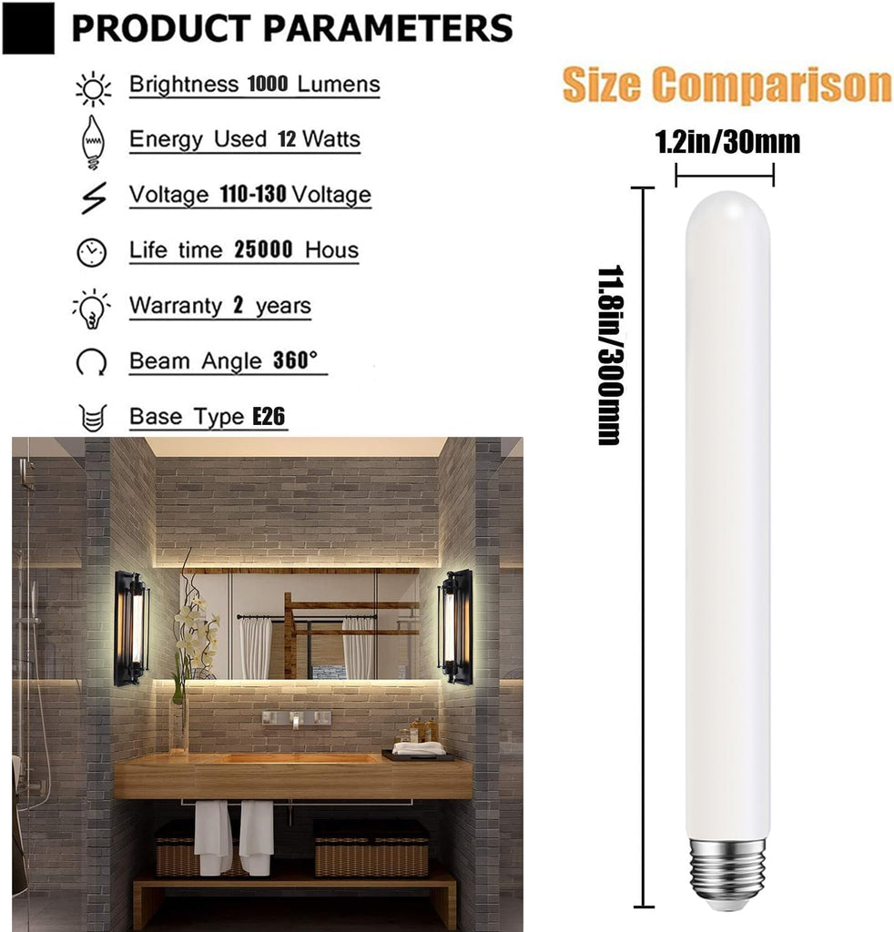 E26 LED Light Bulb T30 11.8inch Long Tubular Matt Opal Porcelain Dimmable Frosted LED Light Bulb,E26 Edison Bulb 12W