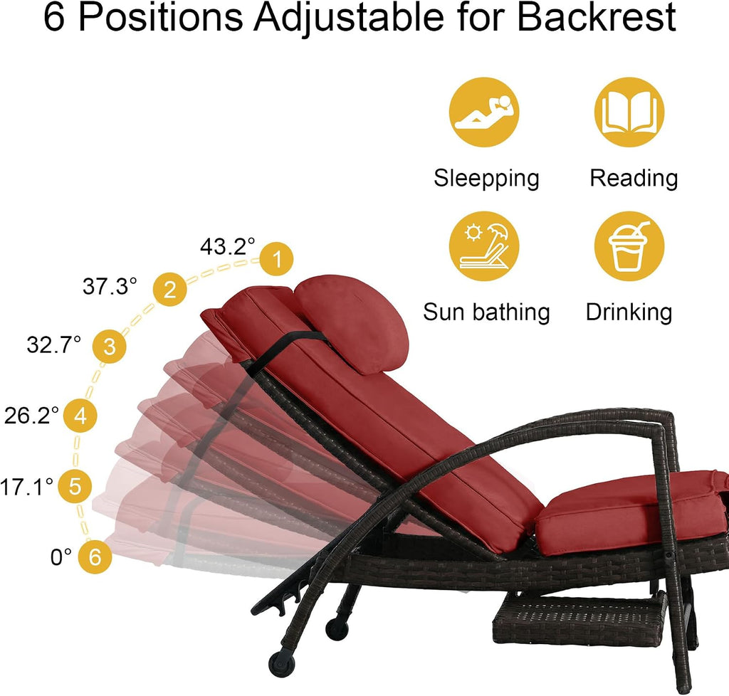 Outdoor Chaise Lounge Set of 2, Patio Lounge Chairs with Side Table,Red | Patio chaise lounges feature 6-position