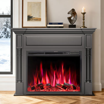 55in Electric Fireplace with Mantel, TV Stand with Freestanding Electric Fireplace, Remote Control, 12 Color