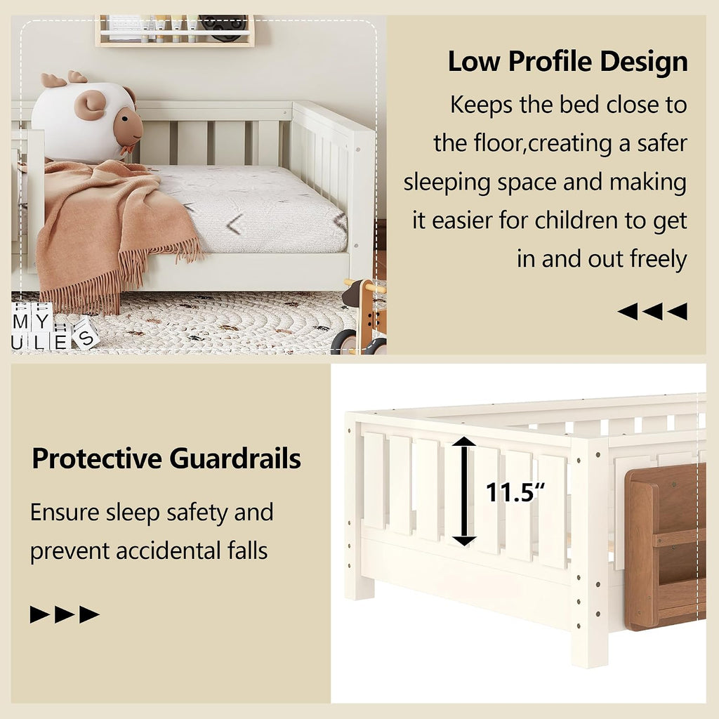 Kids Montessori Floor Bed Frame with Bookshelf and Guardrail, Solid Wood Floor Bed Frame with Slats for