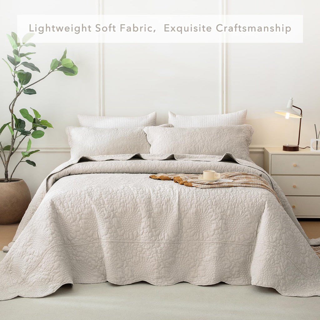Light Wheat Stonewashed Cotton Oversized King Quilt Bedspread (128"x120"), 3PCs Farmhouse Rustic Wave Pattern