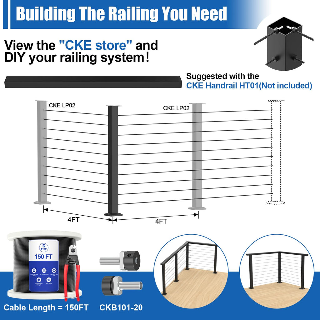 36" Cable Railing Corner Post(Post 35"x2"x2"), L-Drilled Corner Post with Flat Top Mount, Stainless Steel Black