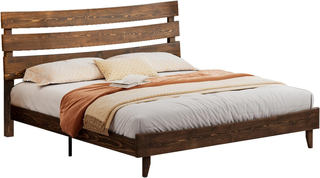 14" Queen Size Bed Frame with Headboard, Japanese Style, Chocolate
