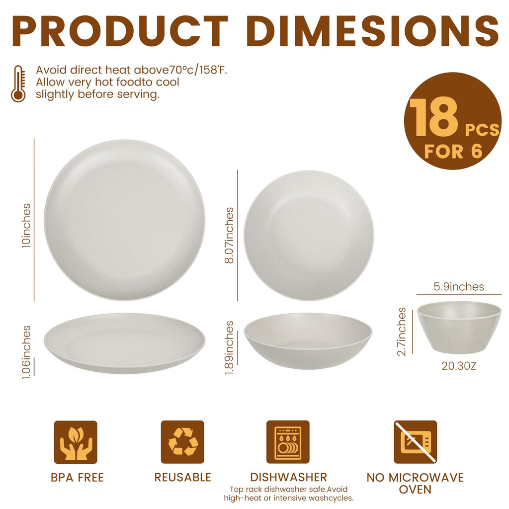 Melamine Bamboo Fiber Dinnerware Sets 18 Piece, Service for 6, White