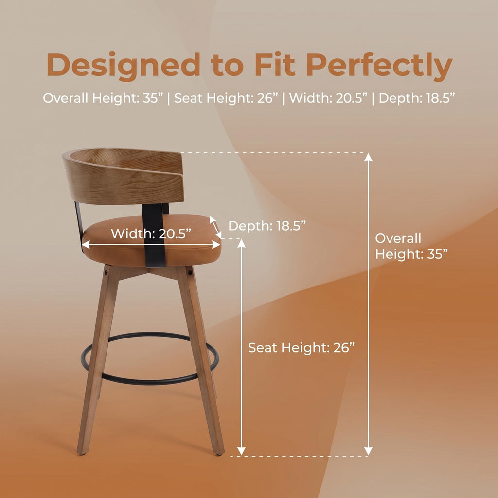 Modern PU Leather Swivel Bar Stools, Brown, Set of 4