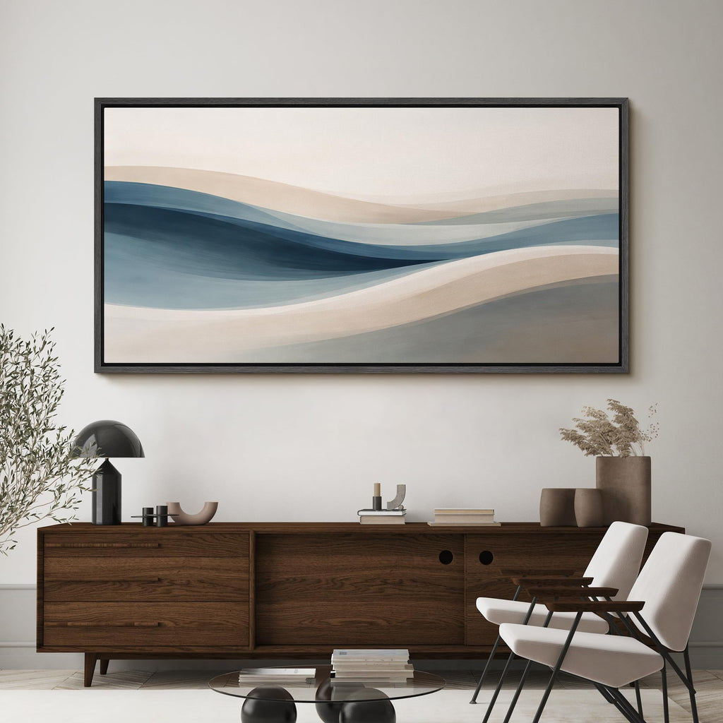 Extra Large Framed Canvas Print Wall Art Blue and Beige Abstract Wave Modern Neutral Illustrations Modern Art